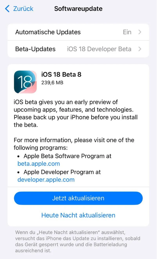 石龙苹果手机维修分享苹果 iOS / iPadOS 18 开发者预览版 Beta 8 发布 